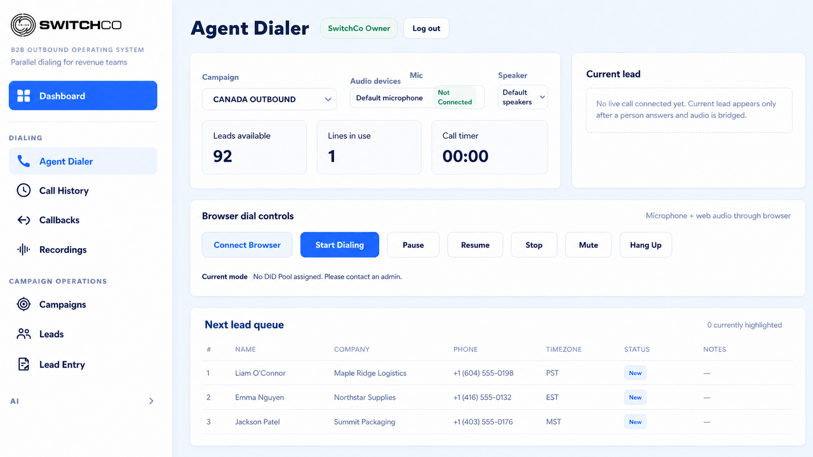 SwitchCo Agent Dialer with matching official SwitchCo branding and fully spaced browser calling controls